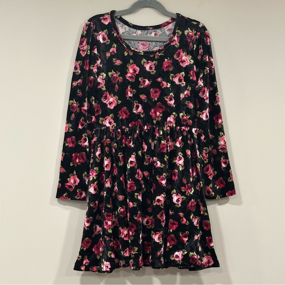THE CHILDREN’s PLACE Black Velvet Pink Rose Long Sleeve Dress Size Medium 7/8